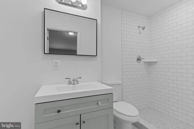 a bathroom with a toilet a sink a mirror and vanity