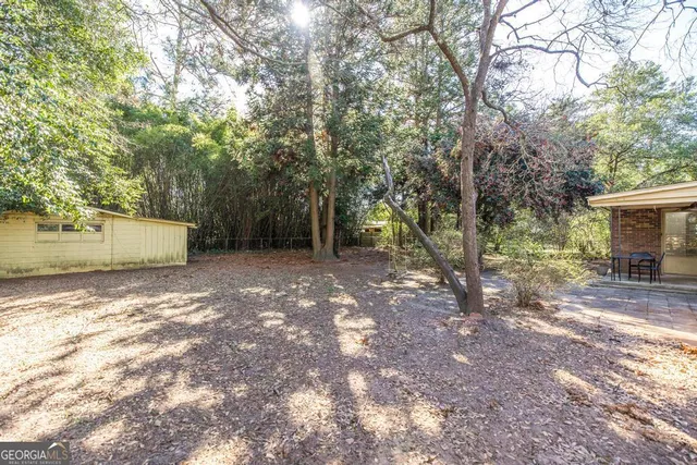 a view of a backyard with large trees