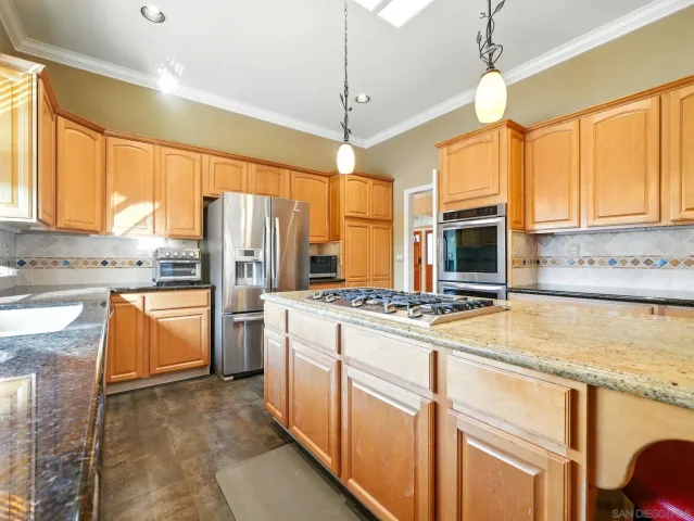 a kitchen with stainless steel appliances granite countertop a stove a sink and a refrigerator