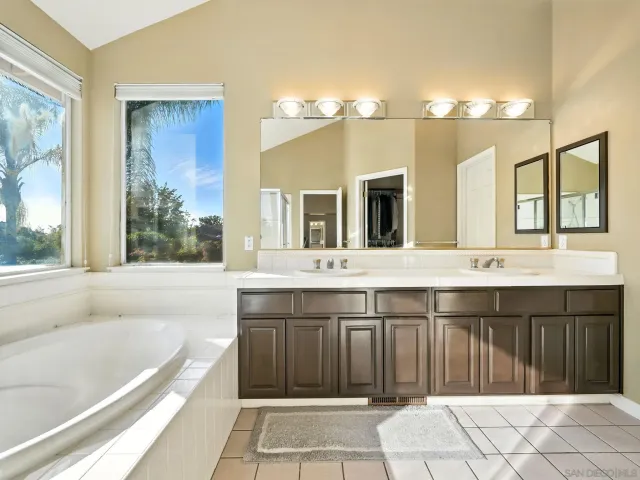 a bathroom with a tub a double vanity sink and a large mirror