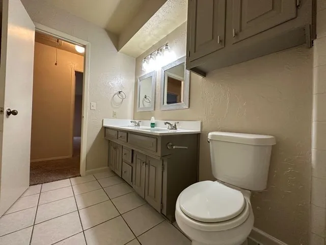 a bathroom with a sink a toilet and mirror