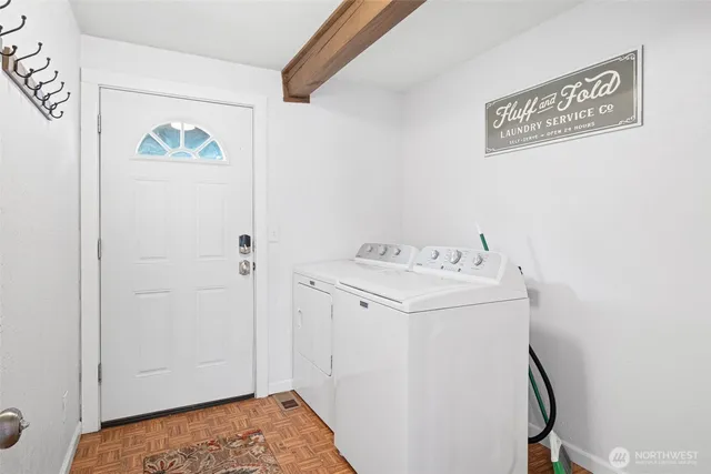 a view of a porch with wooden floor