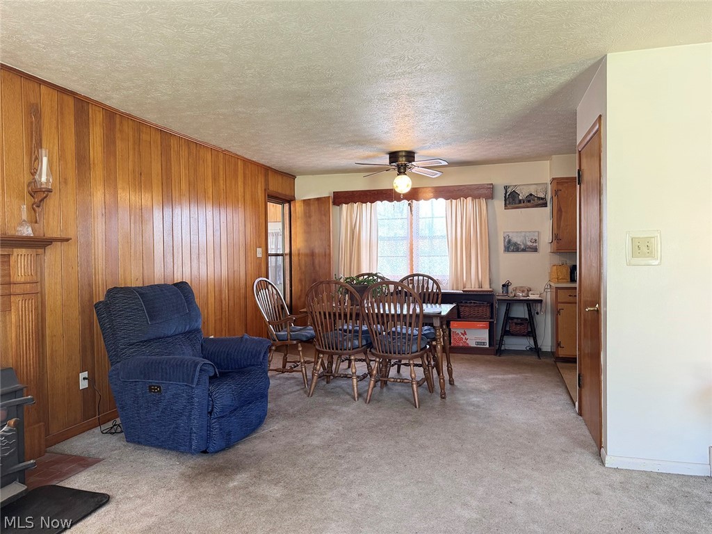 5934 Ryan Road Medina, OH 44256 - Photo 5 of 24 Dining space featuring ceiling fan, wooden walls, carpet floors, and a textured ceiling