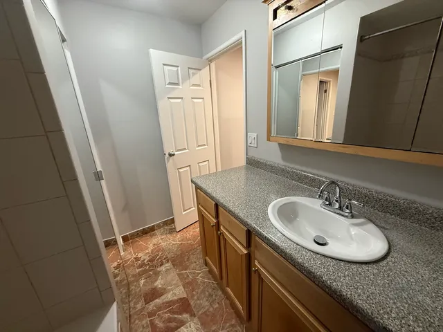 a bathroom with a sink and a mirror