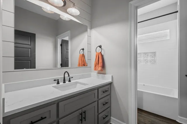 a bathroom with a sink and a mirror