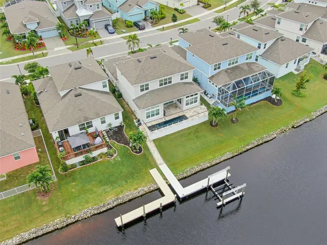 an aerial view of a house with swimming pool and a yard