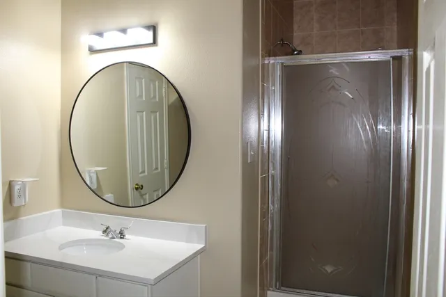 a bathroom with a sink a mirror and a shower