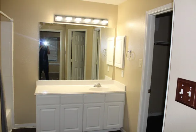 a bathroom with a sink and a mirror