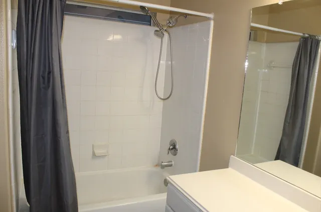 a bathroom with a shower and a bath room