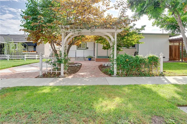 a view of a yard with plants and trees
