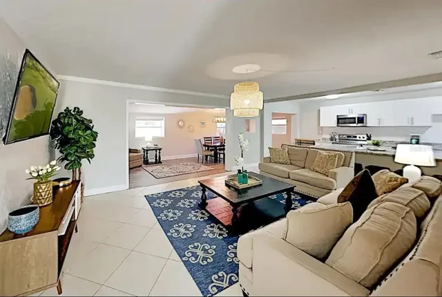 a living room with furniture kitchen view and a potted plant