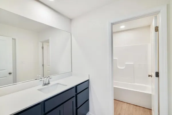a bathroom with a bathtub sink vanity and mirror