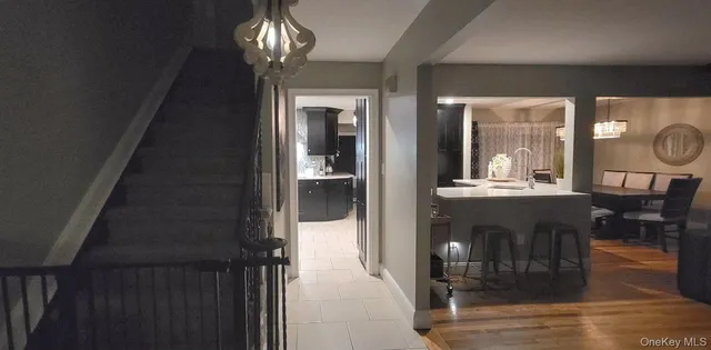 a view of dining area with chandelier