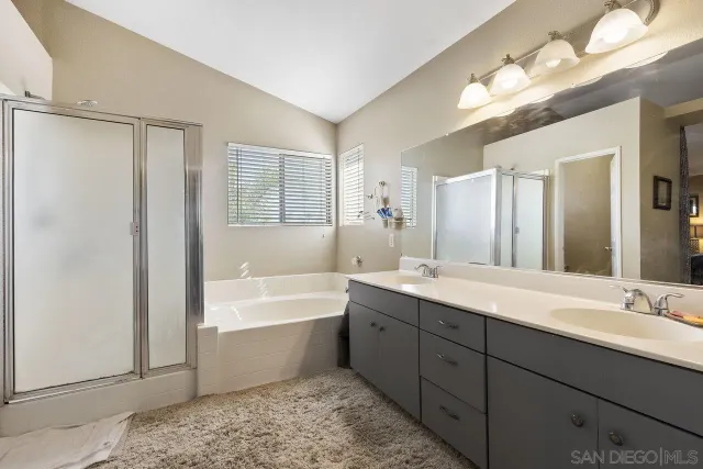 a bathroom with a double vanity sink mirror bathtub and shower