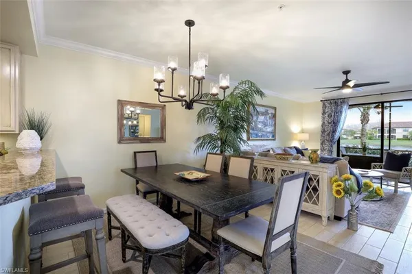 a view of a dining room with furniture window and outside view