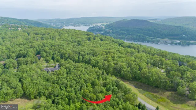 an aerial view of residential house with outdoor space and trees all around