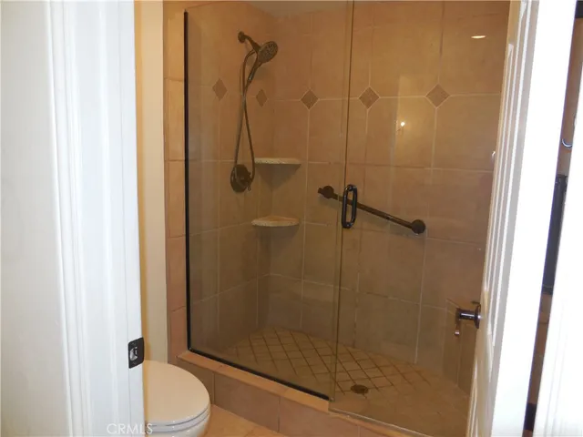 a bathroom with a shower and a toilet