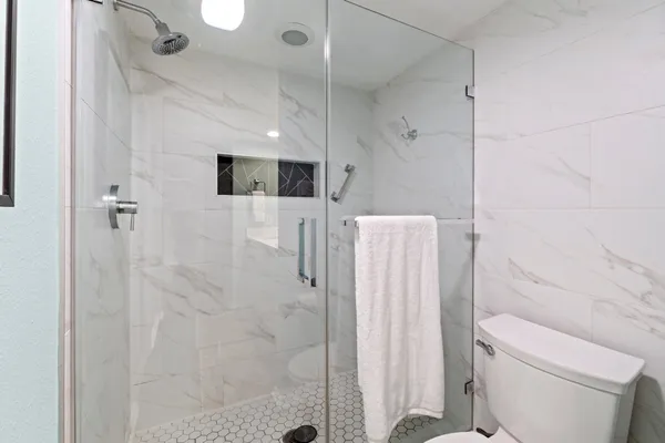 a bathroom with a shower and a toilet
