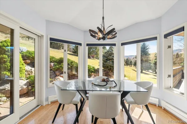 a view of a dining room with furniture window and outside view