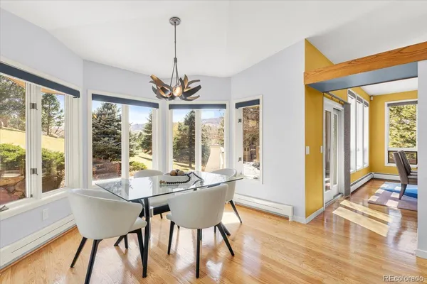 a view of a dining room with furniture window and wooden floor