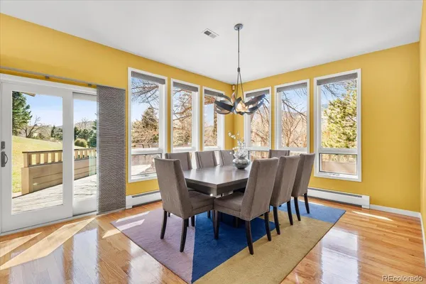 a view of a dining room with furniture window and wooden floor