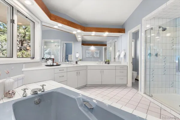 a bathroom with a sink a large mirror and a shower