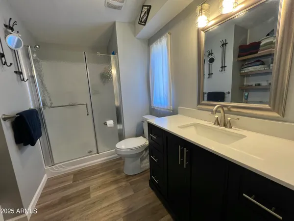 a bathroom with a sink a toilet a mirror and shower