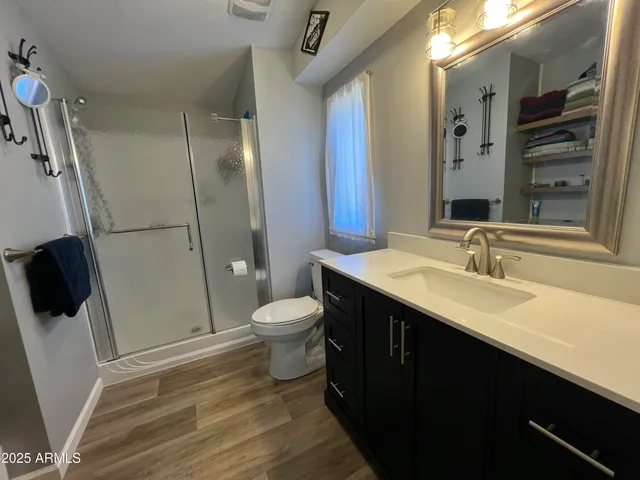 a bathroom with a sink a toilet a mirror and shower