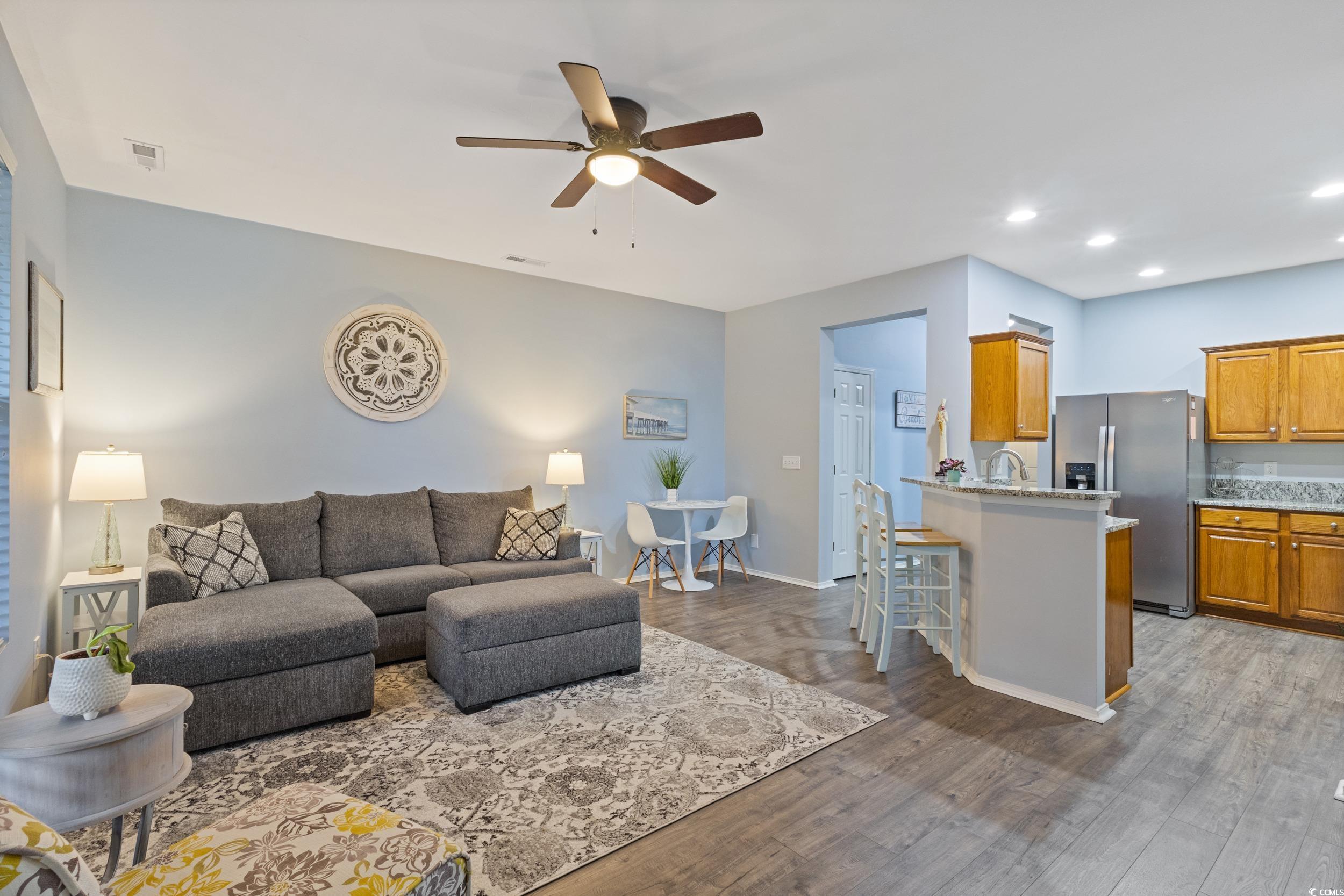 140 Olde Towne Way, Unit 2 Myrtle Beach, SC 29588 - Photo 16 of 40 Living area with a ceiling fan, dark wood-style floors, and recessed lighting
