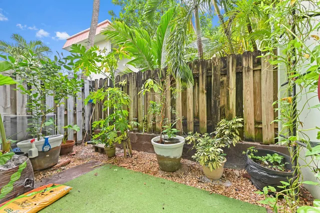 a view of a backyard with plants and patio