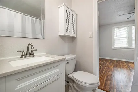 a bathroom with a sink a toilet and mirror