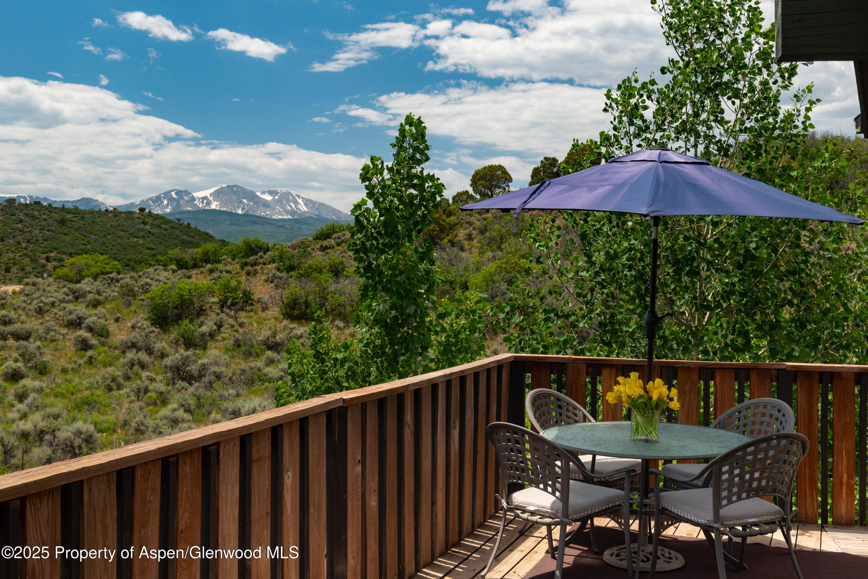 a view of a chair and table on the roof deck