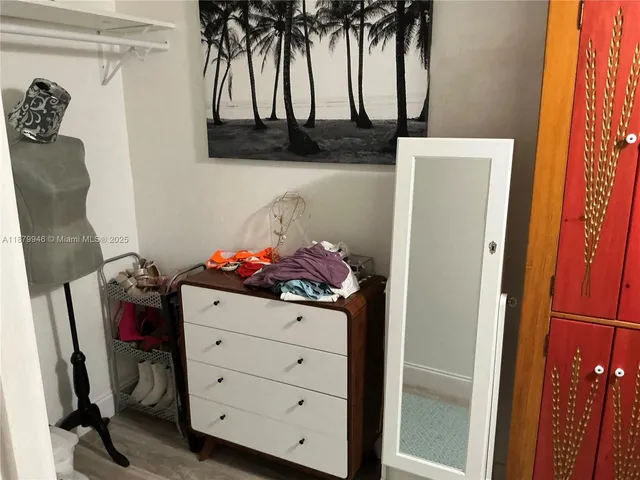 a view of closet with cabinets and a couch