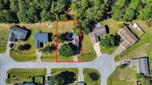 an aerial view of a house with a yard and large tree