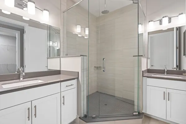 a bathroom with a shower sink and mirror