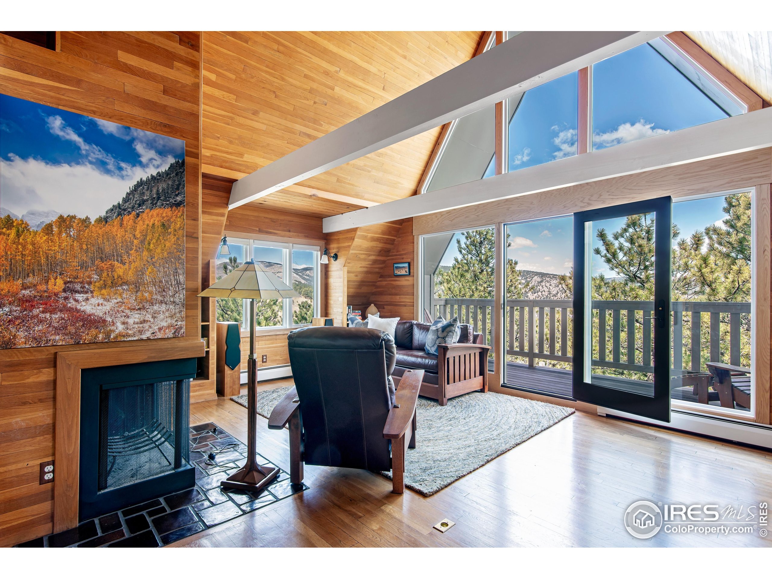 65 Bristlecone Way Boulder, CO 80304 - Photo 26 of 49 a living room with fireplace furniture and a floor to ceiling window