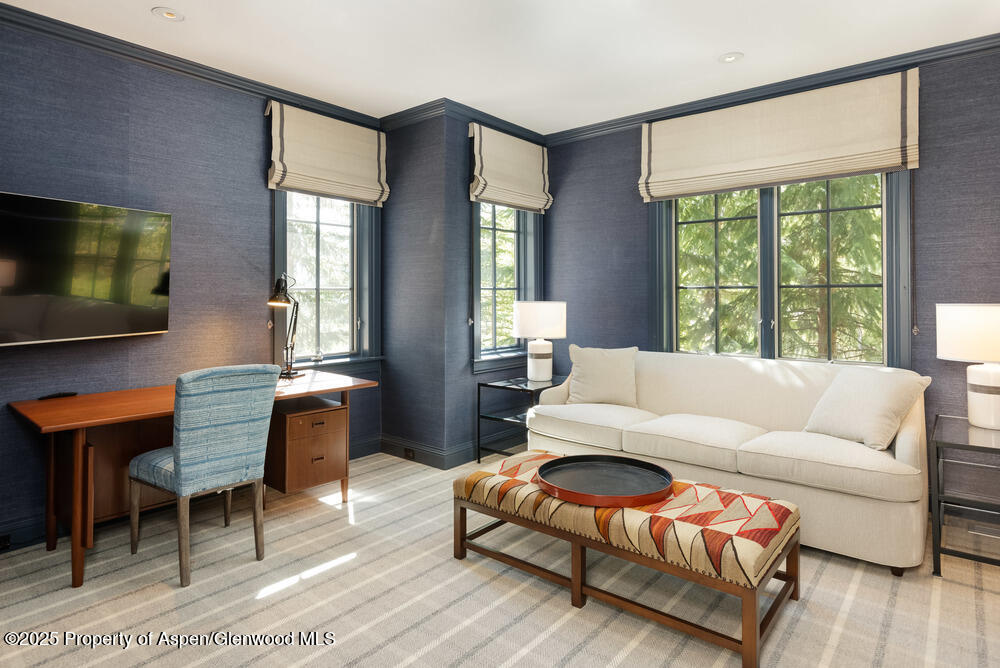 74 Pfister Drive, Unit 101 Aspen, CO 81611 - Photo 12 of 24 a living room with furniture a flat screen tv and a large window