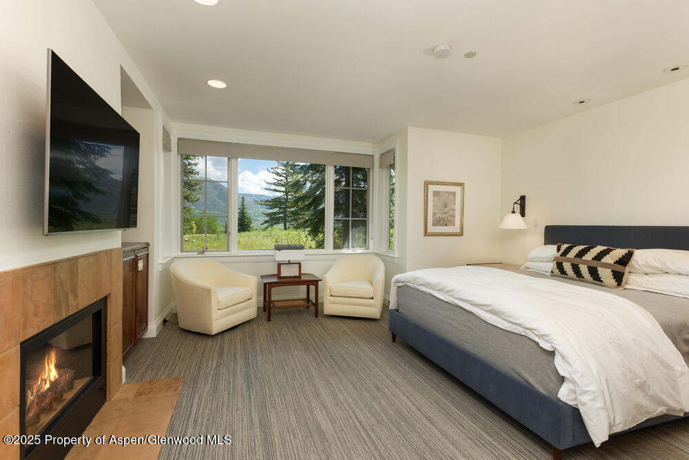 74 Pfister Drive, Unit 101 Aspen, CO 81611 - Photo 14 of 24 a spacious bedroom with a bed and a flat screen tv