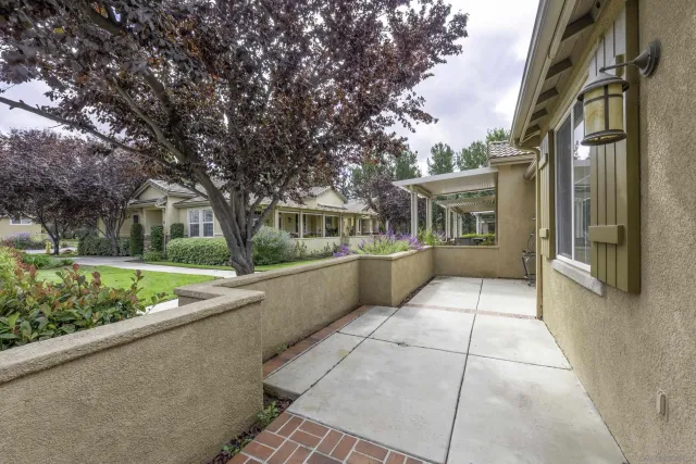 a backyard of a house with plants and trees