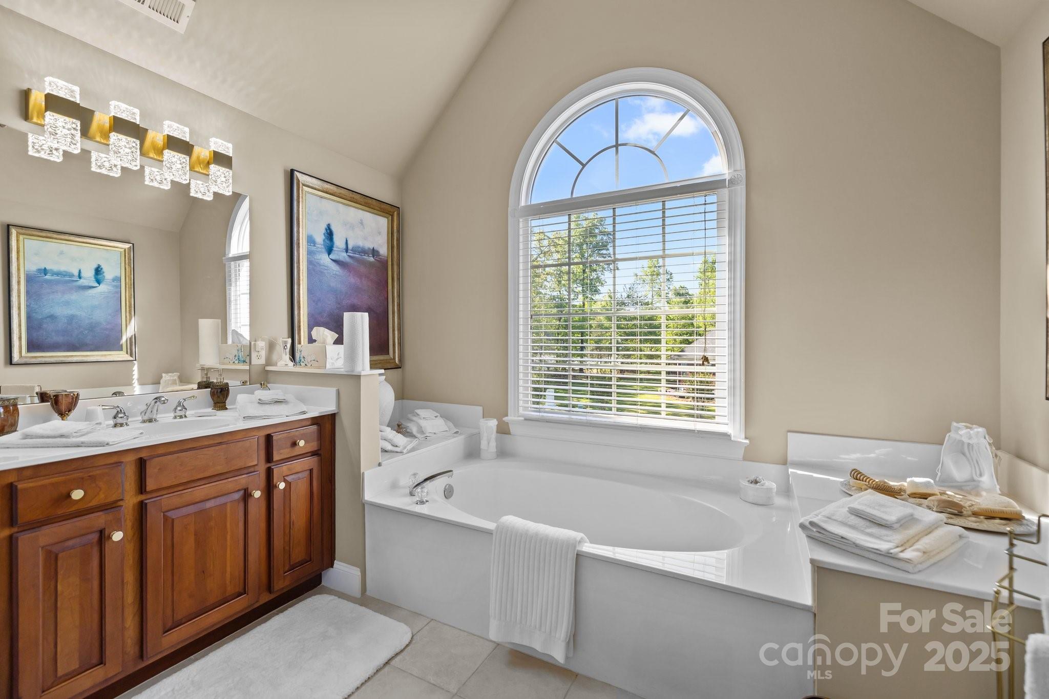 204 Limerick Drive Matthews, NC 28104 - Photo 26 of 44 a spacious bathroom with a tub a double vanity sink a mirror a window and a bathtub