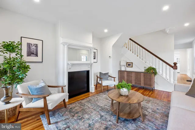 a living room with furniture potted plant and a fireplace