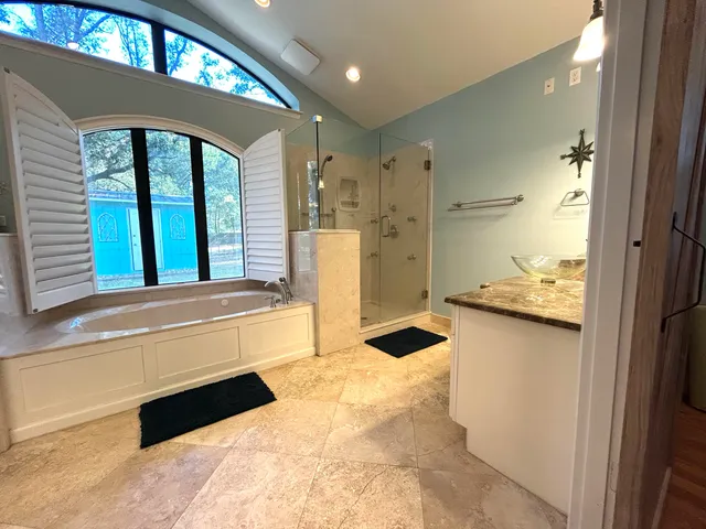 a view of a bathtub in a bathroom