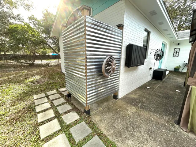 a view of a porch with a patio