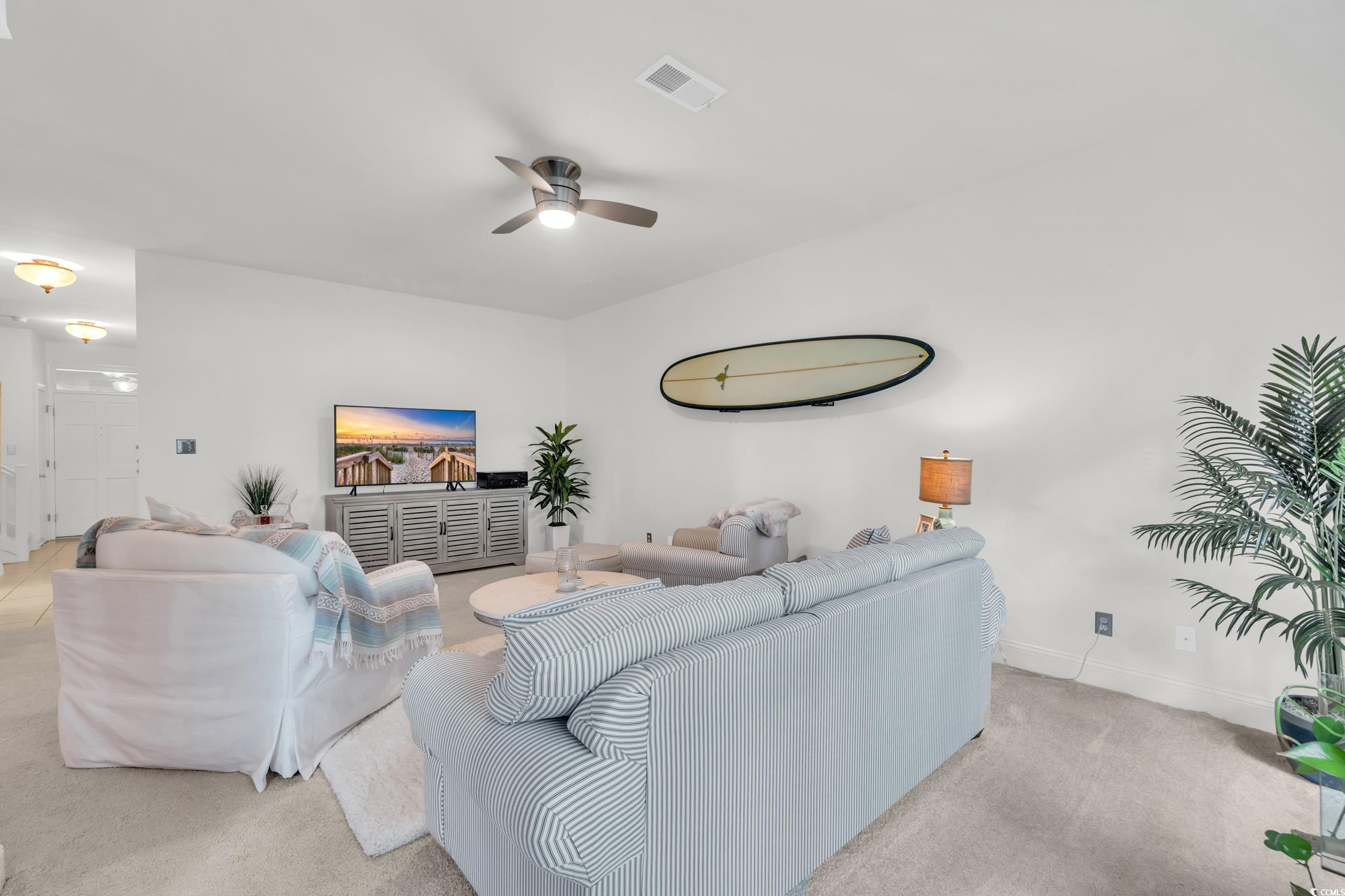 141 Twelve Oaks Drive, Unit 5 Pawleys Island, SC 29585 - Photo 16 of 37 Living room featuring light colored carpet and a ceiling fan