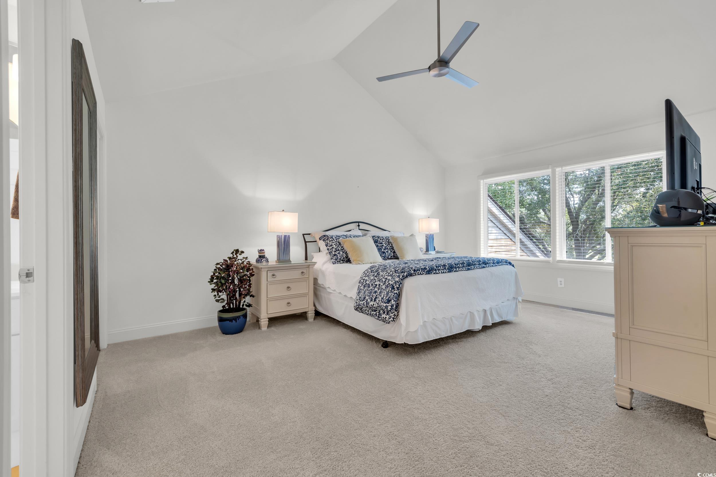 141 Twelve Oaks Drive, Unit 5 Pawleys Island, SC 29585 - Photo 22 of 37 Bedroom featuring light colored carpet, high vaulted ceiling, and ceiling fan