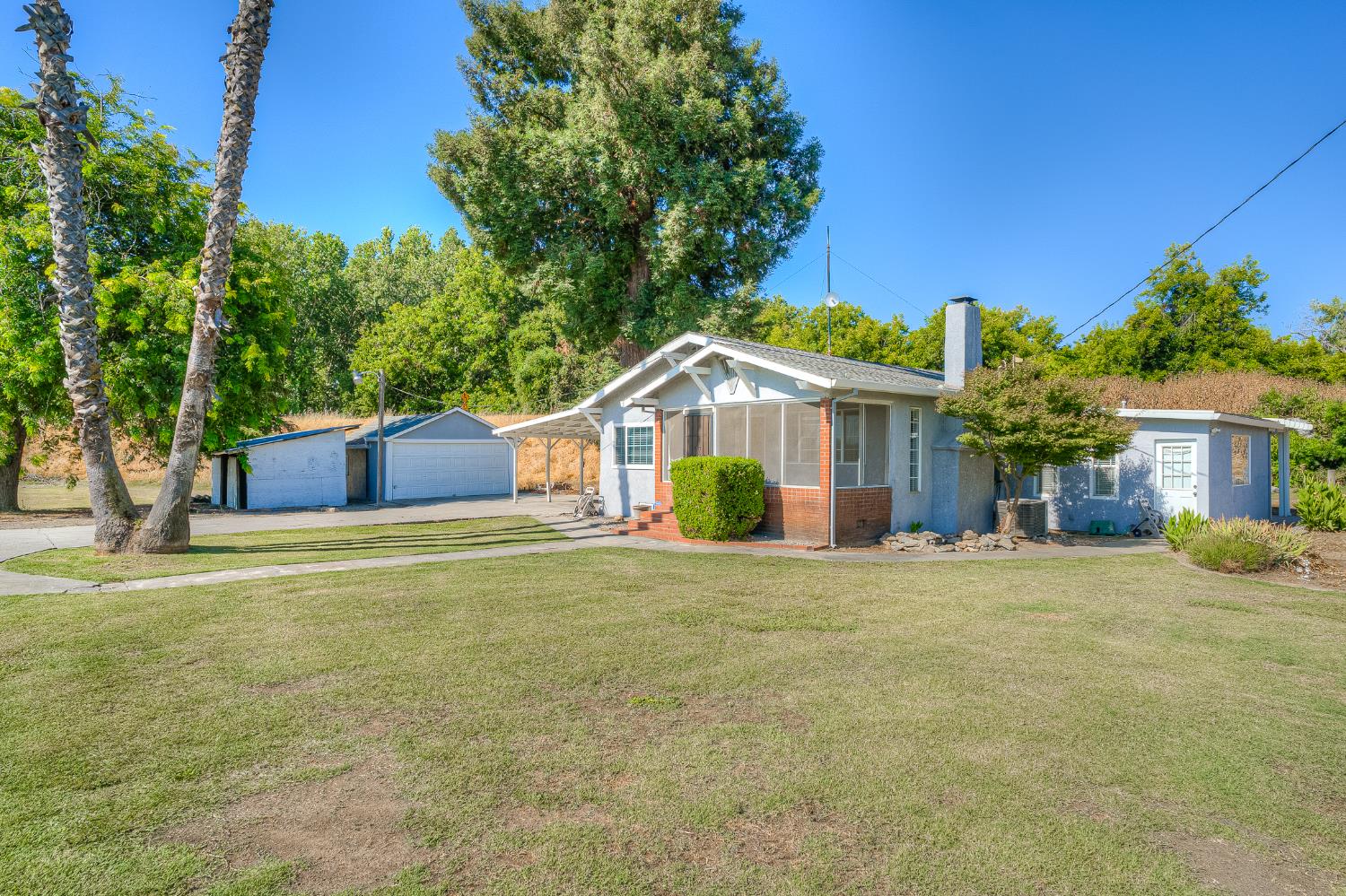 a front view of a house with a garden and tree