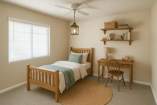 a bed room with a bed and a table