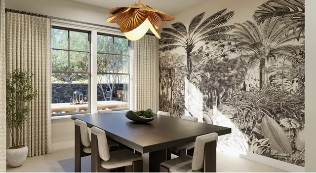 a view of a dining room with furniture and window