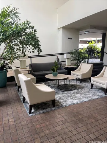 a view of a backyard with plants and palm tree