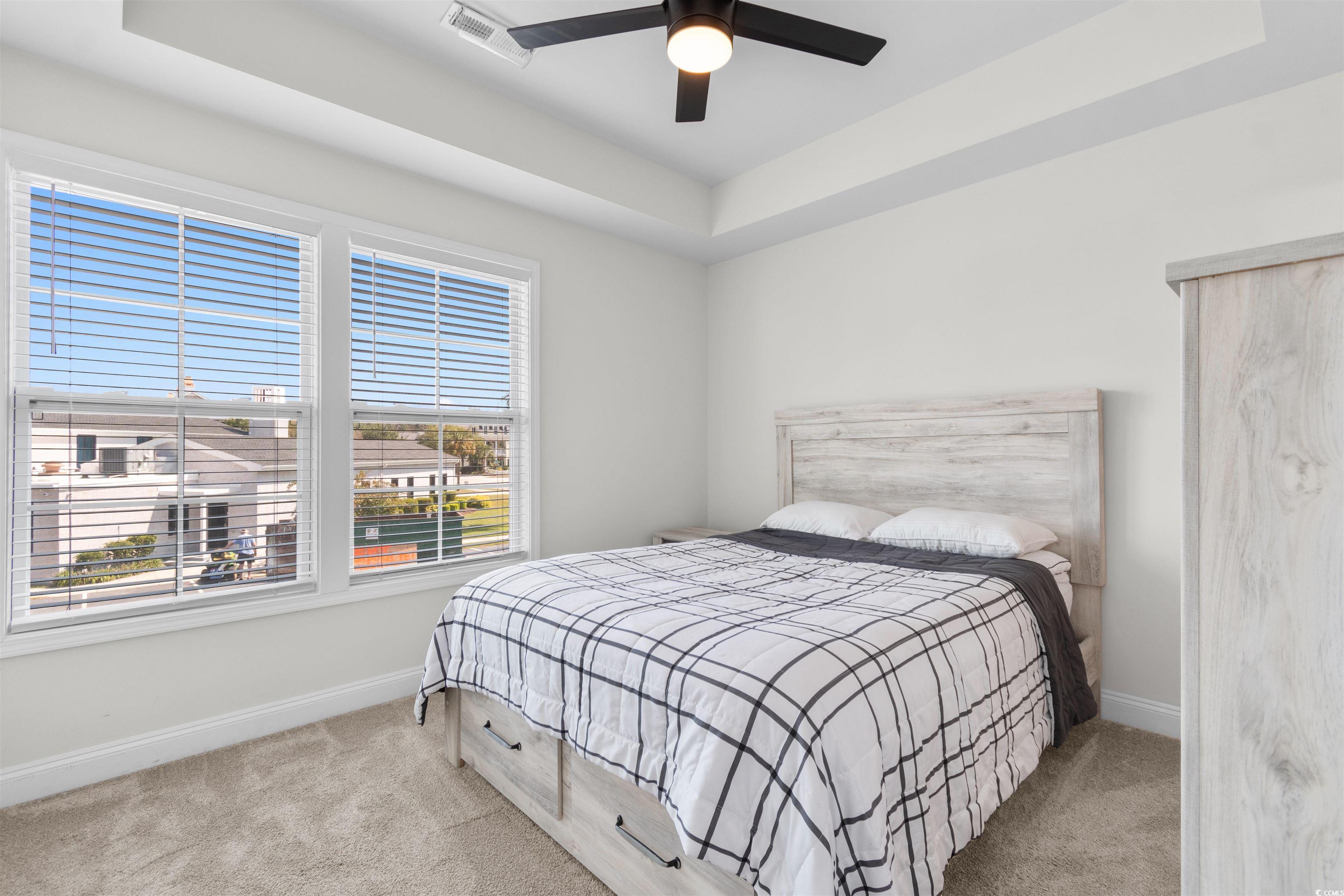 804 Moen Place, Unit F Myrtle Beach, SC 29577 - Photo 19 of 34 Bedroom featuring a raised ceiling, light colored carpet, and a ceiling fan
